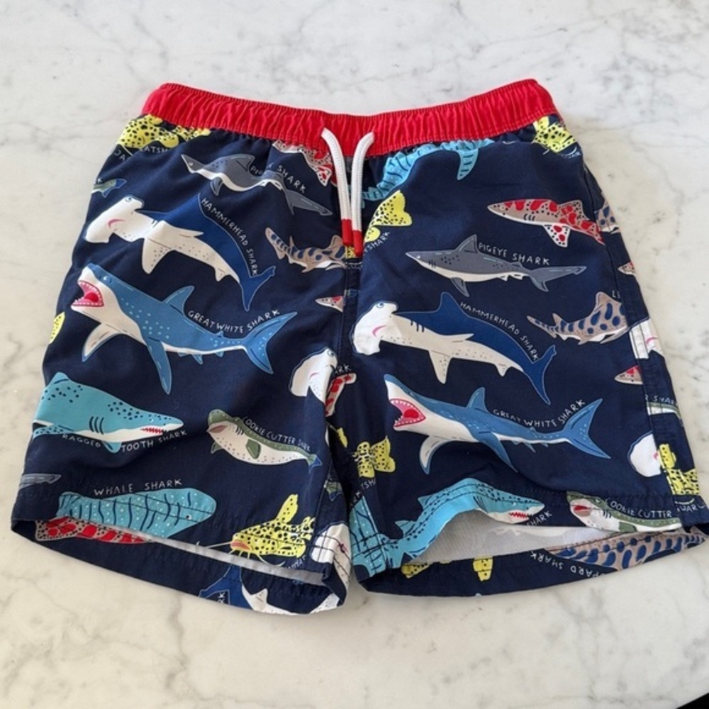 Mini Boden Boys Shark Swim Trunks Navy Red Size 6-7Y Beach Pool